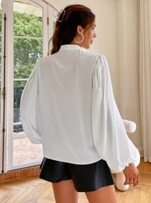 Simplee 女士纯色灯笼袖长袖衬衫，优雅衬衫，返校季，教师白色春季款 - 白色 - 查看 2