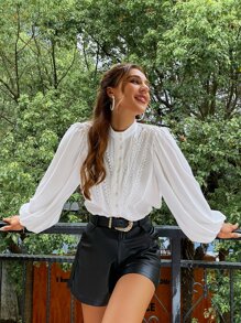 Simplee 女士纯色灯笼袖长袖衬衫，优雅衬衫，返校季，教师白色春季款 - 白色 - 查看 6