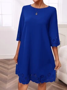 SHEIN Clasi Đầm Cắt ra Sò điệp màu trơn Giải trí - Xanh đậm - Xem 3