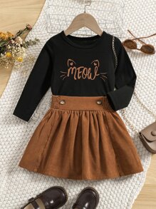 小女童字母圖案T恤和彈性腰帶半身裙 - 彩色 - 查看 1