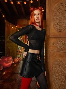 ROMWE Goth Summer Crochet Spider-Web Backless Sheer Sweater - Black - View 2