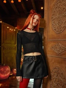 ROMWE Goth Summer Crochet Spider-Web Backless Sheer Sweater - Black - View 3