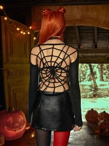 ROMWE Goth Summer Crochet Spider-Web Backless Sheer Sweater - Black - View 5
