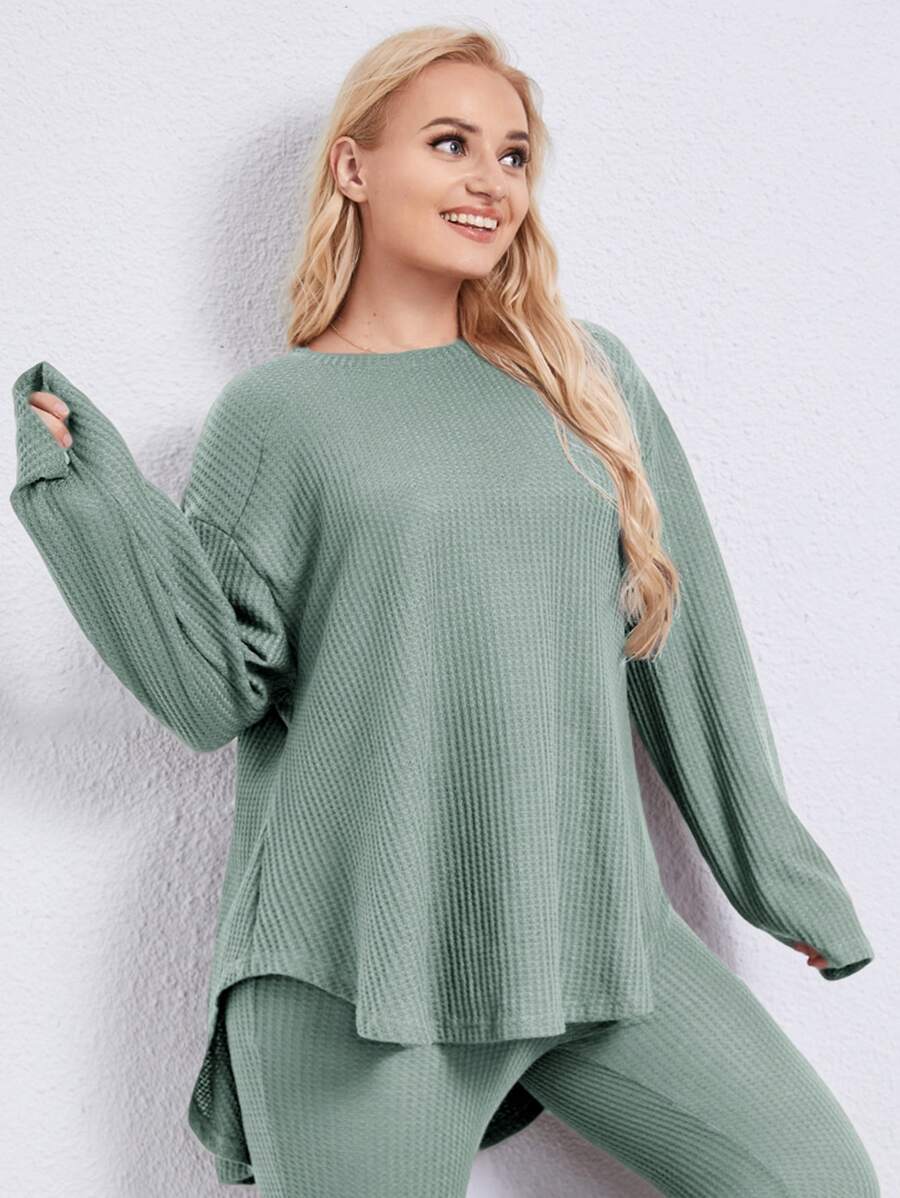 Plus Drop Shoulder High Low Hem Sleep Tee - Green - View 1