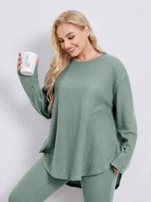 Plus Drop Shoulder High Low Hem Sleep Tee - Green - View 3