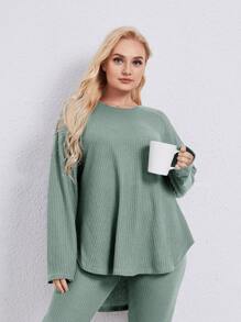 Plus Drop Shoulder High Low Hem Sleep Tee - Green - View 4