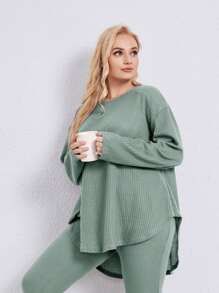 Plus Drop Shoulder High Low Hem Sleep Tee - Green - View 5
