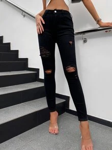 High Waist Ripped Skinny Pants - Black - View 4