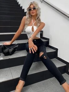 High Waist Ripped Skinny Pants - Black - View 5