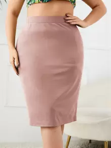 SHEIN Privé Plus High Waist Slit Back Skirt - Dusty Pink - View 4