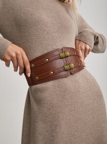 MOTF PREMIUM STUDDED DECOR SYMMETRICAL BUCKLE BELT - Brown - View 1