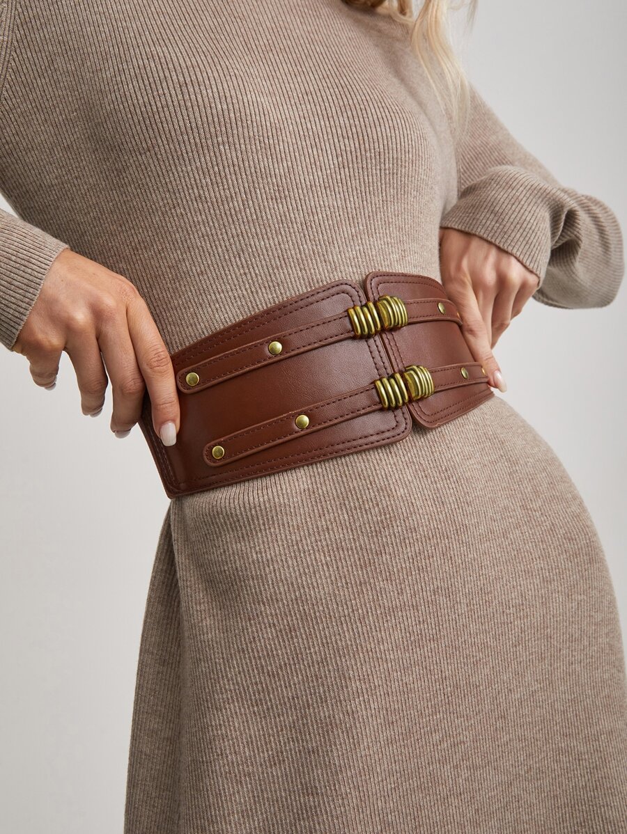 MOTF PREMIUM STUDDED DECOR SYMMETRICAL BUCKLE BELT - Brown - View 1