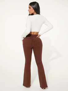 SHEIN SXY 拉鏈門襟牛仔喇叭褲 - 鏽棕色 - 查看 3