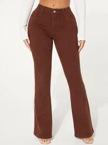 SHEIN SXY 拉鏈門襟牛仔喇叭褲 - 鏽棕色 - 查看 4