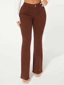 SHEIN SXY 拉鏈門襟牛仔喇叭褲 - 鏽棕色 - 查看 1