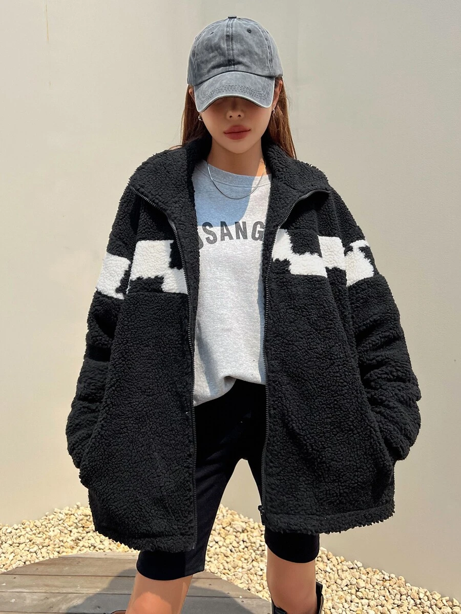 DAZY Abrigo teddy panel en contraste de hombros caídos cremallera - Negro - Ver 1