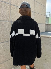 DAZY Abrigo teddy panel en contraste de hombros caídos cremallera - Negro - Ver 2