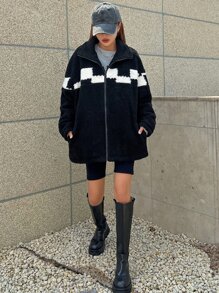 DAZY Abrigo teddy panel en contraste de hombros caídos cremallera - Negro - Ver 3