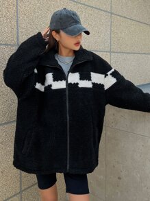 DAZY Abrigo teddy panel en contraste de hombros caídos cremallera - Negro - Ver 6