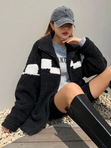 DAZY Abrigo teddy panel en contraste de hombros caídos cremallera - Negro - Ver 7