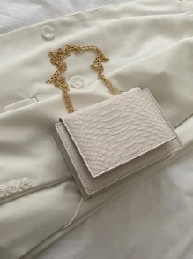 迷你蛇皮壓花鏈條翻蓋方包 - 米色 - 查看 2