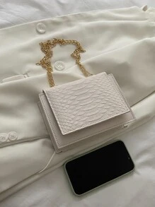 迷你蛇皮壓花鏈條翻蓋方包 - 米色 - 查看 5