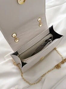 迷你蛇皮壓花鏈條翻蓋方包 - 米色 - 查看 4