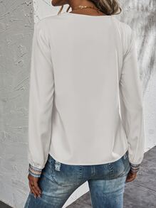 SHEIN LUNE Embroidery Trim V Neck Blouse - White - View 2