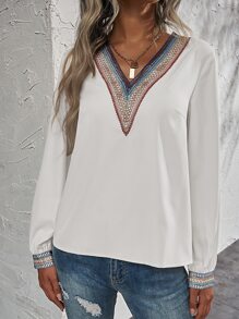 SHEIN LUNE Embroidery Trim V Neck Blouse - White - View 5