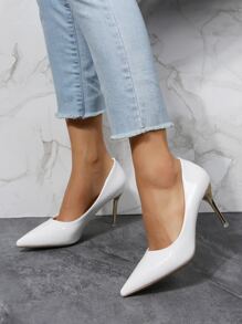 Point Toe Stiletto Heeled Court Pumps - White - View 1