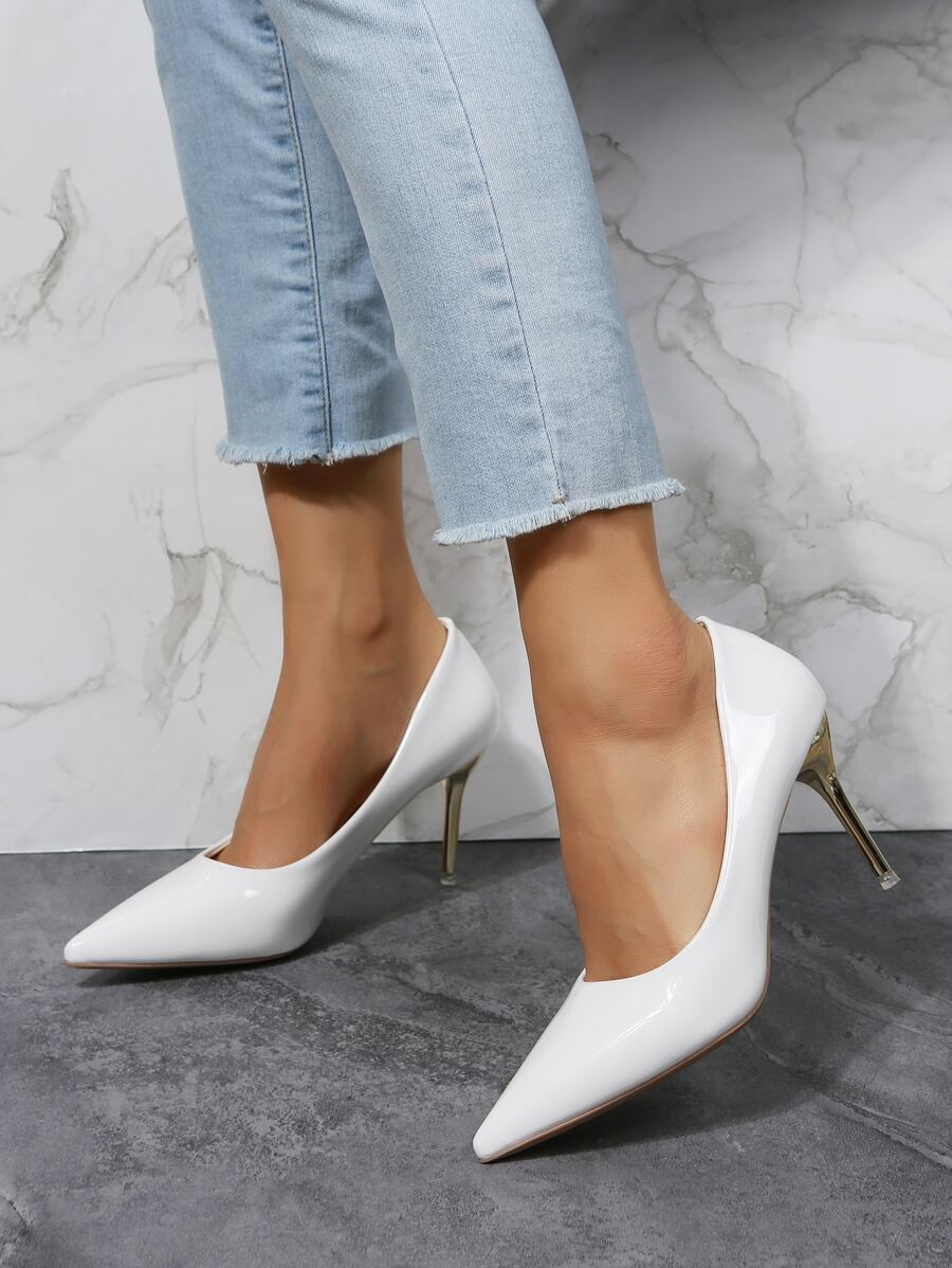 Point Toe Stiletto Heeled Court Pumps - White - View 1