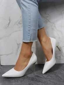Point Toe Stiletto Heeled Court Pumps - White - View 3