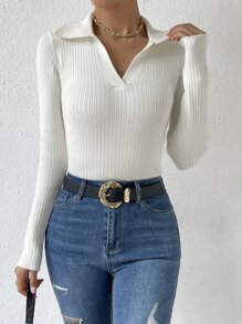 Celisse Solid Collared Ribbed Knit Sweater Knit Pullover Fall Winter Outfit - Beige - View 8