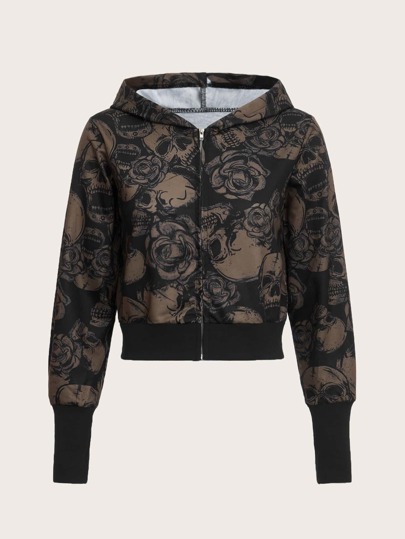 Skull Print Zip Up Hoodie