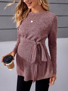 SHEIN Maternidad Camiseta tejido de canalé con nudo delantero