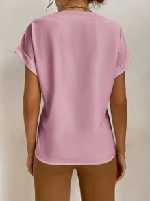 SHEIN Tall Áo cánh dơi cổ bẻ tay phồng, áo tay ngắn - Bụi hồng - Xem 2