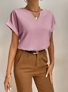 SHEIN Tall Áo cánh dơi cổ bẻ tay phồng, áo tay ngắn - Bụi hồng - Xem 3