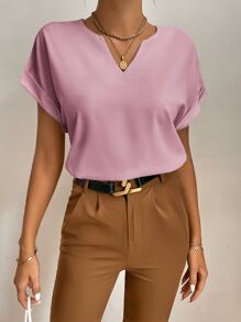SHEIN Tall Áo cánh dơi cổ bẻ tay phồng, áo tay ngắn - Bụi hồng - Xem 4