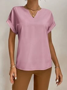 SHEIN Tall Áo cánh dơi cổ bẻ tay phồng, áo tay ngắn - Bụi hồng - Xem 5