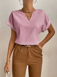 SHEIN Tall Áo cánh dơi cổ bẻ tay phồng, áo tay ngắn - Bụi hồng - Xem 6