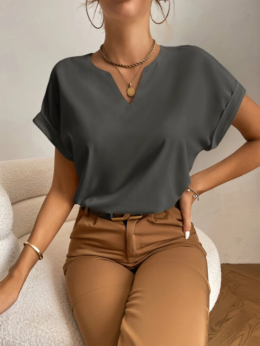 SHEIN Tall Notched Neck Batwing Sleeve Popover Blouse - Dark Grey - View 1