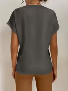 SHEIN Tall Notched Neck Batwing Sleeve Popover Blouse - Dark Grey - View 2