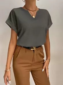 SHEIN Tall Notched Neck Batwing Sleeve Popover Blouse - Dark Grey - View 3