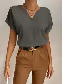 SHEIN Tall Notched Neck Batwing Sleeve Popover Blouse - Dark Grey - View 4