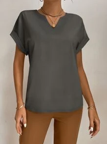 SHEIN Tall Notched Neck Batwing Sleeve Popover Blouse - Dark Grey - View 5