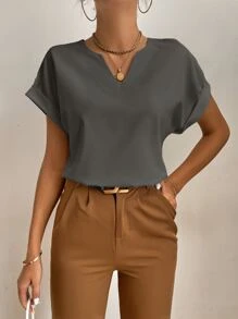 SHEIN Tall Notched Neck Batwing Sleeve Popover Blouse - Dark Grey - View 6