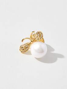 Rhinestone & Faux Pearl Bee Design Brooch - Yellow Gold - View 2