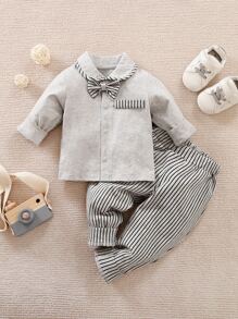 Yierying Baby Boy Bow Front Shirt & Striped Pants