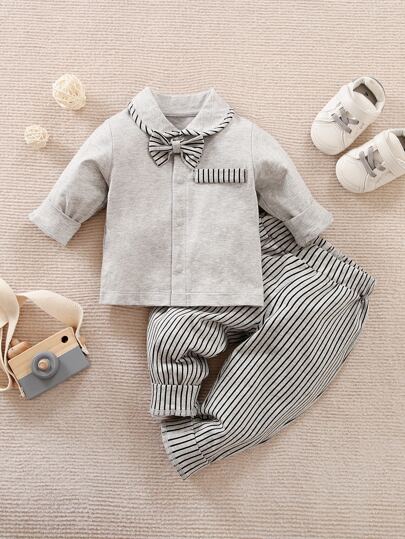 Yierying Bebé niño Camisa con lazo delantero & Pantalones de rayas