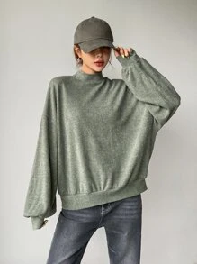 DAZY Mock Neck Bishop Sleeve Pullover - Army Green - View 5